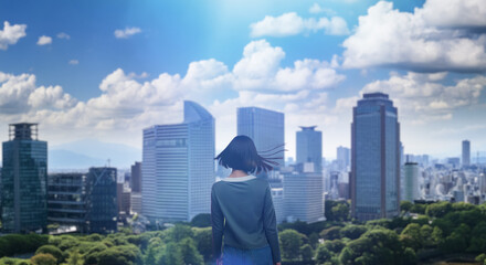 日本の街・都市・朝日を受けたオフィスビル群を前に佇み風を受けて髪をなびかせる会社員の女性の出勤　就職・ビジネス・はじまり・決意・目標・挑戦のイメージ