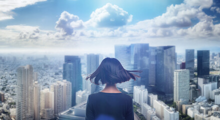 日本の街・都市・朝日を受けたオフィスビル群を前に佇み風を受けて髪をなびかせる会社員の女性の出勤　就職・ビジネス・はじまり・決意・目標・挑戦のイメージ