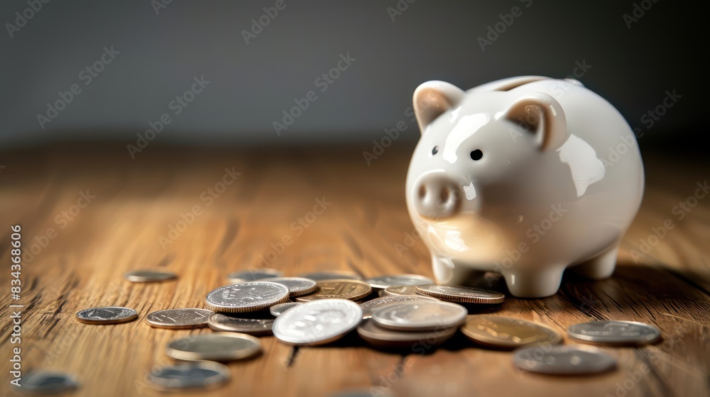 Poster a piggy bank sitting on a wooden table with coins scattered around it, leaving space on the table su