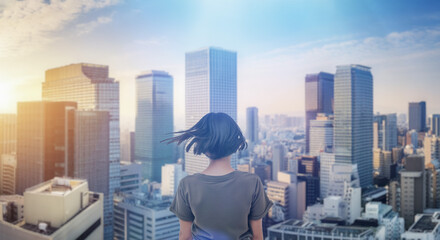 日本の街・都市・朝日を受けたオフィスビル群を前に佇み風を受けて髪をなびかせる会社員の女性の出勤　就職・ビジネス・はじまり・決意・目標・挑戦のイメージ