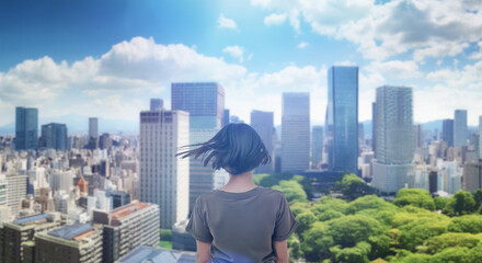 日本の街・都市・朝日を受けたオフィスビル群を前に佇み風を受けて髪をなびかせる会社員の女性の出勤　就職・ビジネス・はじまり・決意・目標・挑戦のイメージ