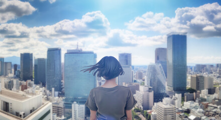 日本の街・都市・朝日を受けたオフィスビル群を前に佇み風を受けて髪をなびかせる会社員の女性の出勤　就職・ビジネス・はじまり・決意・目標・挑戦のイメージ