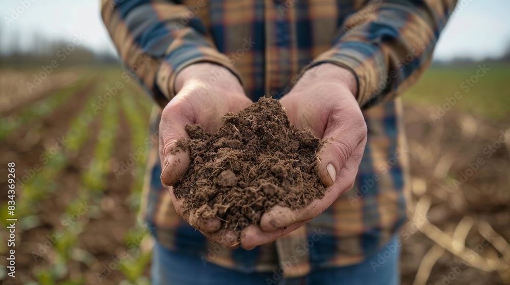 Poster a farmer holding up a sample of healthy soil citing the positive impact of using automated sensors f