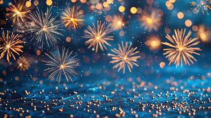 Fototapeta premium A bright blue background with fireworks and space for celebratory writing. - Event decoration background
