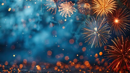 Fototapeta premium A bright blue background with fireworks and space for text. - Event decoration background