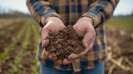A farmer holding up a sample of healthy soil citing the positive impact of using automated sensors for improved yields.