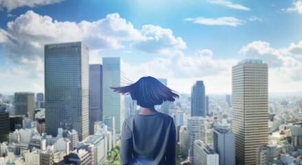 日本の街・都市・朝日を受けたオフィスビル群を前に佇み風を受けて髪をなびかせる会社員の女性の出勤　就職・ビジネス・はじまり・決意・目標・挑戦のイメージ