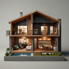 Modern home cross section, 3d rendering minimalist