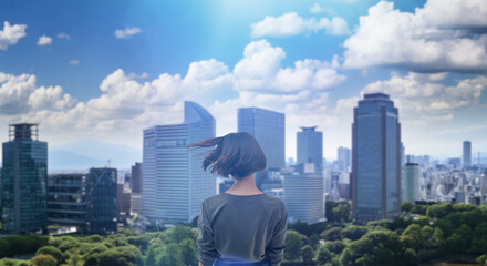 日本の街・都市・朝日を受けたオフィスビル群を前に佇み風を受けて髪をなびかせる会社員の女性の出勤　就職・ビジネス・はじまり・決意・目標・挑戦のイメージ