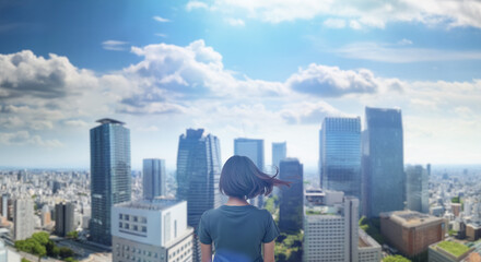 日本の街・都市・朝日を受けたオフィスビル群を前に佇み風を受けて髪をなびかせる会社員の女性の出勤　就職・ビジネス・はじまり・決意・目標・挑戦のイメージ