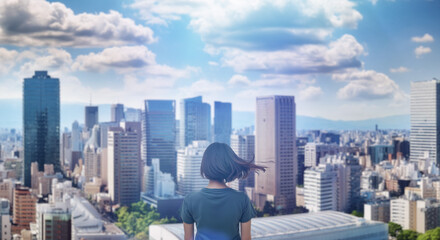 日本の街・都市・朝日を受けたオフィスビル群を前に佇み風を受けて髪をなびかせる会社員の女性の出勤　就職・ビジネス・はじまり・決意・目標・挑戦のイメージ