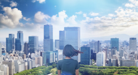 日本の街・都市・朝日を受けたオフィスビル群を前に佇み風を受けて髪をなびかせる会社員の女性の出勤　就職・ビジネス・はじまり・決意・目標・挑戦のイメージ