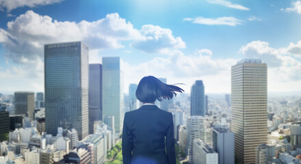 日本の街・都市・朝日を受けたオフィスビル群を前に佇み風を受けて髪をなびかせる会社員の女性の出勤　就職・ビジネス・はじまり・決意・目標・挑戦のイメージ