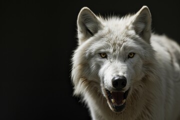 Obraz premium Mystic portrait of Arctic Wolf in studio, copy space on right side, Anger, Menacing, Headshot, Close-up View Isolated on black background