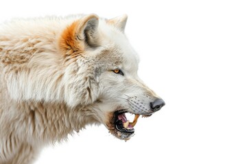 Obraz premium Mystic portrait of Arctic Wolf Tiger in studio, copy space on right side, Anger, Menacing, Headshot, Close-up View Isolated on white background