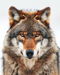 Fototapeta premium Mystic portrait of Himalayan Wolf, copy space on right side, Anger, Menacing, Headshot, Close-up View Isolated on white background