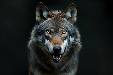 Mystic portrait of Gray Wolf in studio, copy space on right side, Anger, Menacing, Headshot, Close-up View Isolated on black background