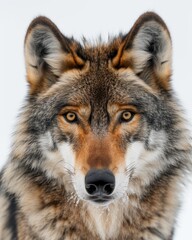 Obraz premium Mystic portrait of Himalayan Wolf, copy space on right side, Anger, Menacing, Headshot, Close-up View Isolated on white background