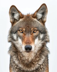 Obraz premium Mystic portrait of Red Wolf , copy space on right side, Anger, Menacing, Headshot, Close-up View Isolated on white background