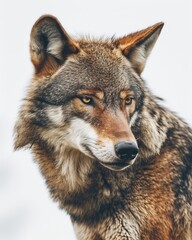 Fototapeta premium Mystic portrait of Red Wolf , copy space on right side, Anger, Menacing, Headshot, Close-up View Isolated on white background