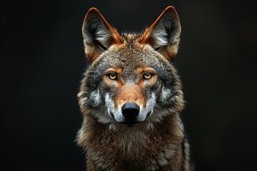 Mystic portrait of Red Wolf in studio, copy space on right side, Anger, Menacing, Headshot, Close-up View Isolated on black background