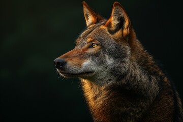 Fototapeta premium Mystic portrait of Red Wolf in studio, copy space on right side, Anger, Menacing, Headshot, Close-up View Isolated on black background