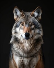 Obraz premium the Gray Wolf, portrait view, white copy space on right Isolated on black background