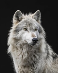 the Gray Wolf, portrait view, white copy space on right Isolated on black background