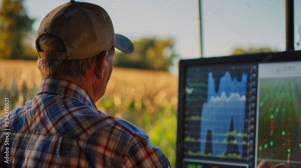 Aufkleber a farmer examining realtime data on a computer screen analyzing temperature trends and making necess