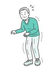 手足の震えや強張りがある高齢男性が恐る恐る歩くイラスト