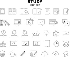 教育　勉強　学習　イラスト　アイコン　セット　パソコン　モバイル　ノート　文具　シンプル　線画　白黒
