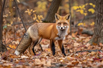 Fototapeta premium Full Body Shot of Majestic Red Fox in Vibrant Autumn Foliage, Stunning Wildlife Photography