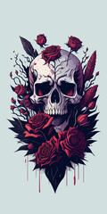 Fototapeta premium Vivid red roses bloom around an ancient skull among vibrant flowers, symbolizing beauty in death's embrace.