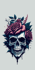 Fototapeta premium Ancient skull lies among vivid red roses and vibrant flowers, a poignant reminder of life's fleeting beauty.