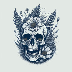 Gothic essence captured: ancient skull amidst black & white flowers, embodying the dark honor of mortality.