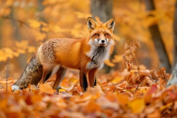 Autumn Foliage with Majestic Red Fox: Full Body Wildlife Photography