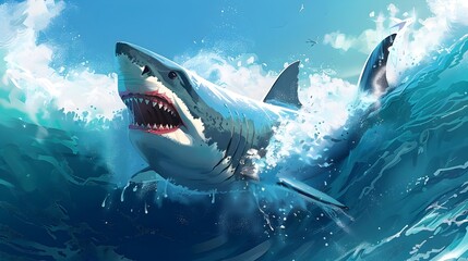 Fierce Shark Attacking Through Crashing Waves in Vibrant Blue Ocean