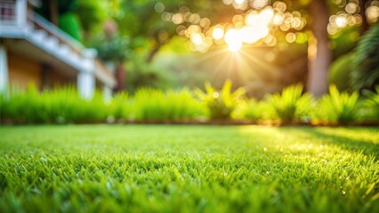 Backyard Lawn Blur: A soft, green blurred background of a neatly trimmed backyard lawn, creating a homely and comfortable feel.
