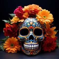 Day of the dead skull surrounded by candles and flowers mexican skull skeleton head dia de los muertos