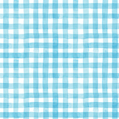 水彩で描いた水色のギンガムチェック模様、シームレスパターン