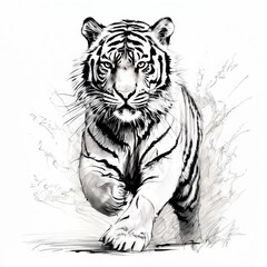 Fototapeta premium large striped tiger drawn ink sketch in full growth