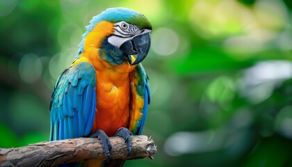Fototapeta premium Vibrant Tropical Parrot: Closeup of Colorful Macaw Perched on Branch in Rainforest