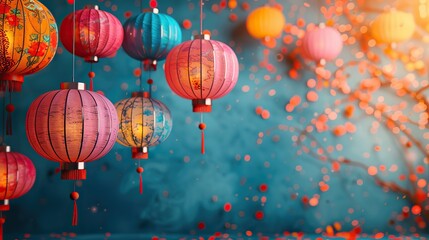 Obraz premium A festive background with colorful paper lanterns hanging from the top, leaving room for text below. - Event decoration background