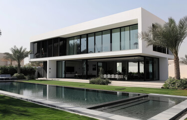 Fototapeta premium modern minimalist house with long pool in the garden, palms and grass, white walls, black windows