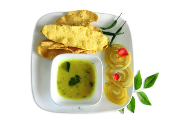 indian gujarati traditional tea time snack food fafda or fafda papdi,papadi with jalebi sweet,cutout in transparent background,png format      