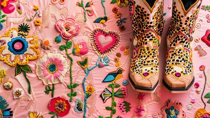 embroidered hearts, leopard print and cowboy boots on a pink background with colorful embroidery, hearts and flowers in the corners, trendy fabric design