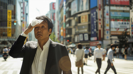 熱い夏の日に汗を拭くビジネスマン