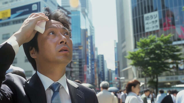 熱い夏の日に汗を拭くビジネスマン