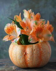 A beautiful centerpiece of orange lilies in a pumpkin vase