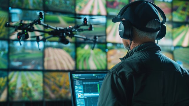 From a control room a farmer monitors a fleet of drones conducting quality assessments on various crops quickly identifying and addressing any issues.